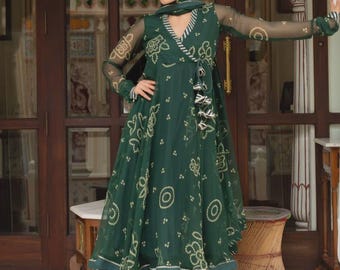 Bottle Green Bandhej Angrakha Set with Dupatta | Georgette Anarkali Kurta Set | Traditional Indian Dress | Ethnic Festive Outfit for Women