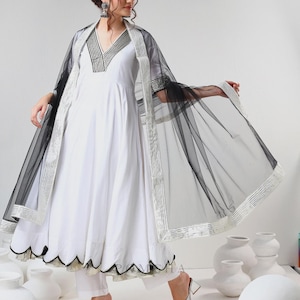 White & Black Cotton Anarkali Set with Net Dupatta | Festive Indian Ethnic Wear | Handmade Party Kurta Set | Scalloped Hem Dress | Gift idea
