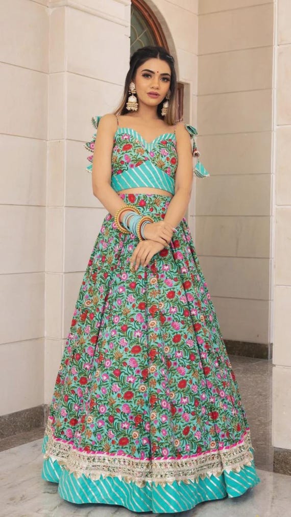 Aasma Aqua Blue Cotton Lehenga Set - Hand Block Print Lehenga Choli with Embroidered Organza Dupatta - Indian Festive Wear| Gift For Her Aasma Aqua Blue Cotton Lehenga Set - Hand Block Print Lehenga Choli with Embroidered Organza Dupatta - Indian Festive Wear| Gift For Her