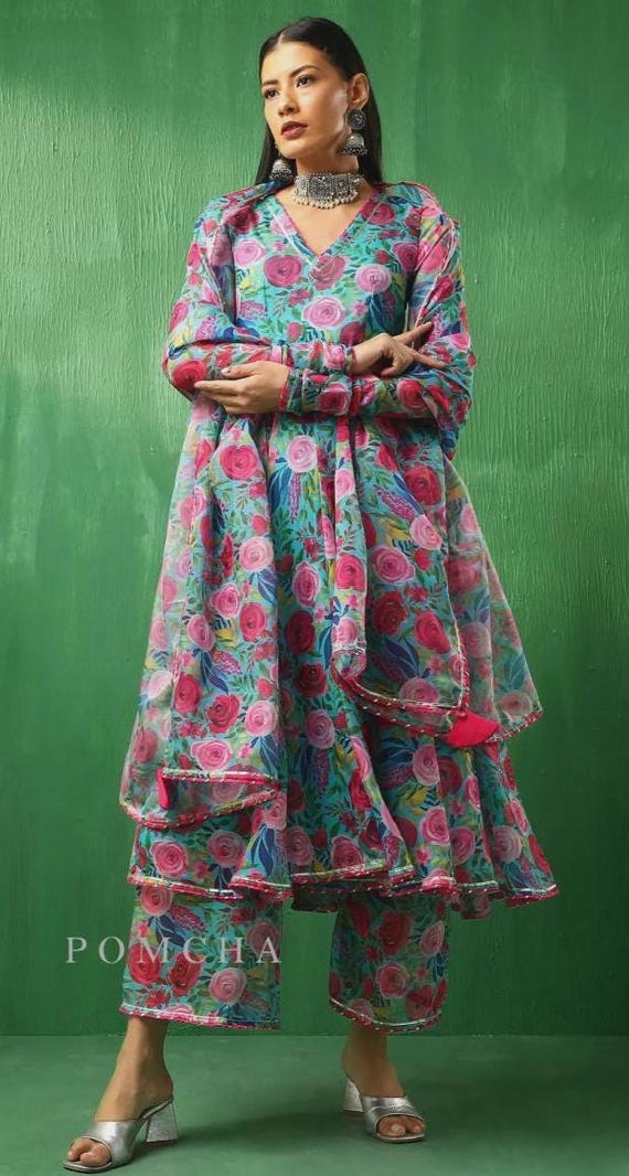 ladies dress frock suit Multicolor Floral Organza Anarkali Set Women Dress, Dupatta, Vibrant Ethnic Indian Dress, Festive Wedding Guest Outfit party wear stylish frock suit design