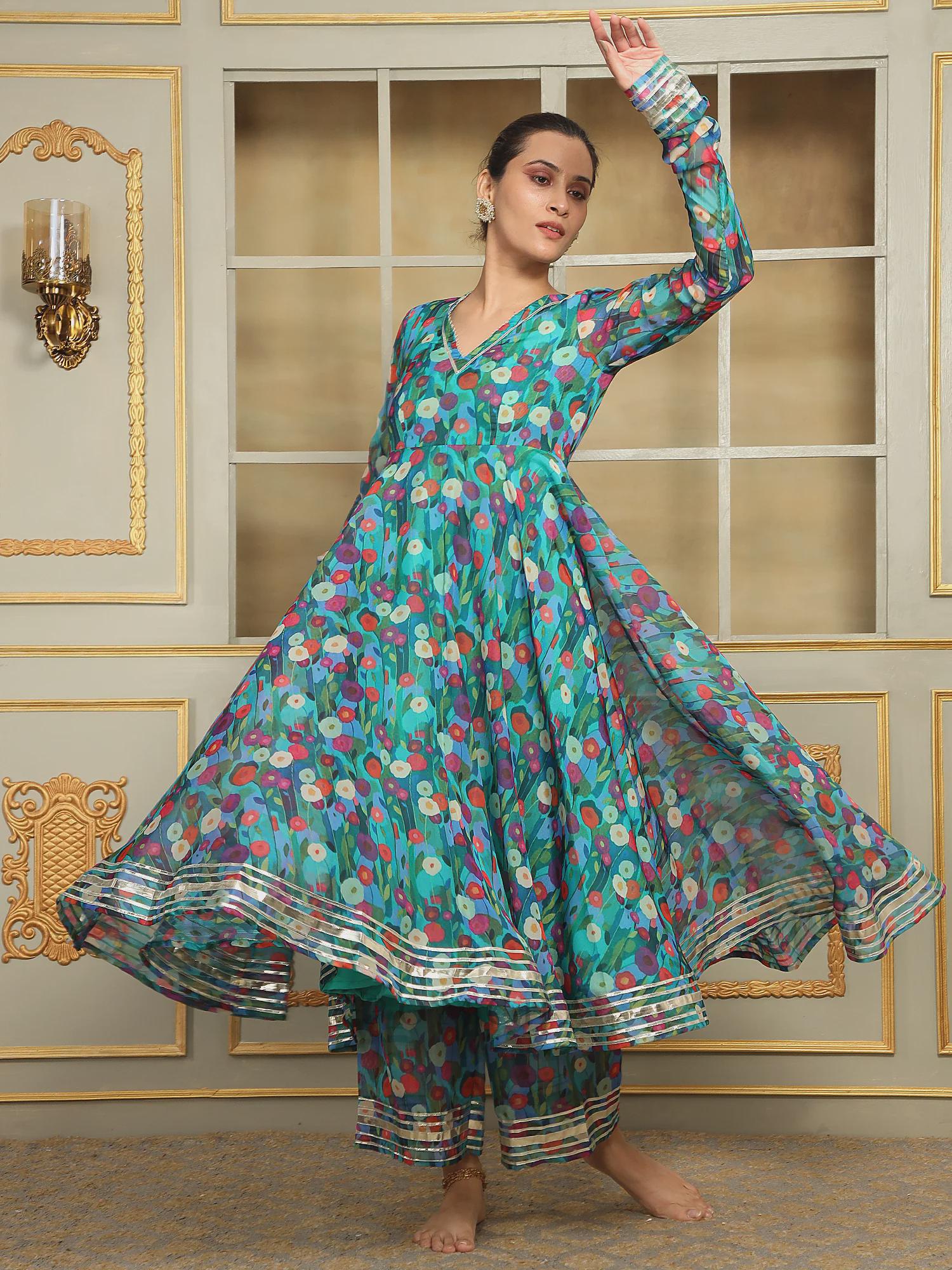 Simple Chiffon Anarkali Dress Sky Blue Designer Party Wear Marble Print  Organza Silk Anarkali Suit With