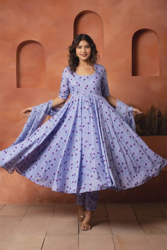 Lavender Muslin Anarkali Set - Floral Indian Dress with Organza Dupatta | Flowy Ethnic Suit | Indian Kurta Set| Casual outfit | Gift for Her