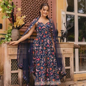 Blue Hand Block Print Cotton Anarkali with Soft Net Dupatta | Elegant Floral Ethnic Dress| Festive Wear Dress |Boho Kurta Set | Gift For Her