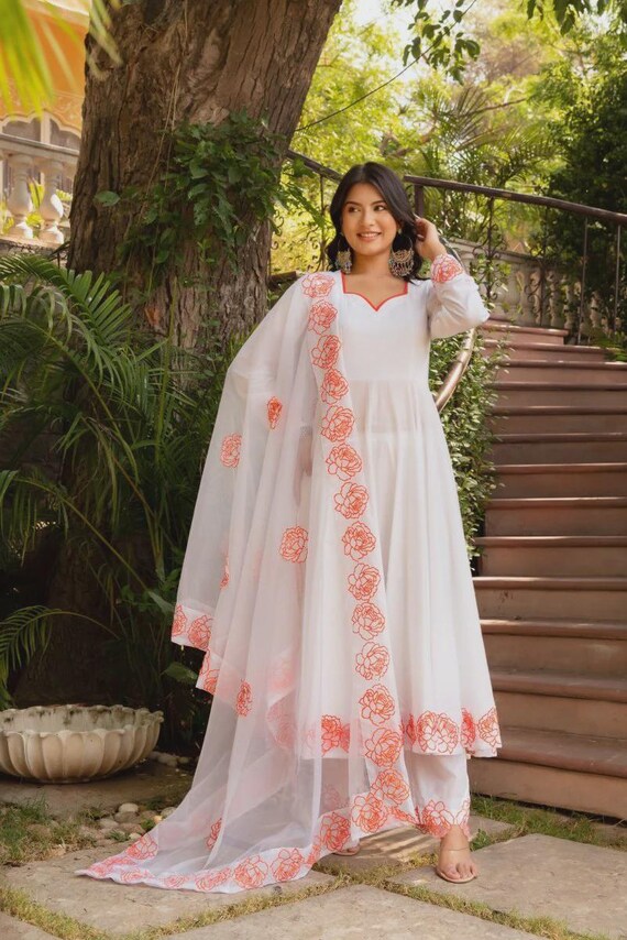 open lace back dress White Flared A-Line Kurta Set with Embroidered Organza Dupatta – Myaara main image 1