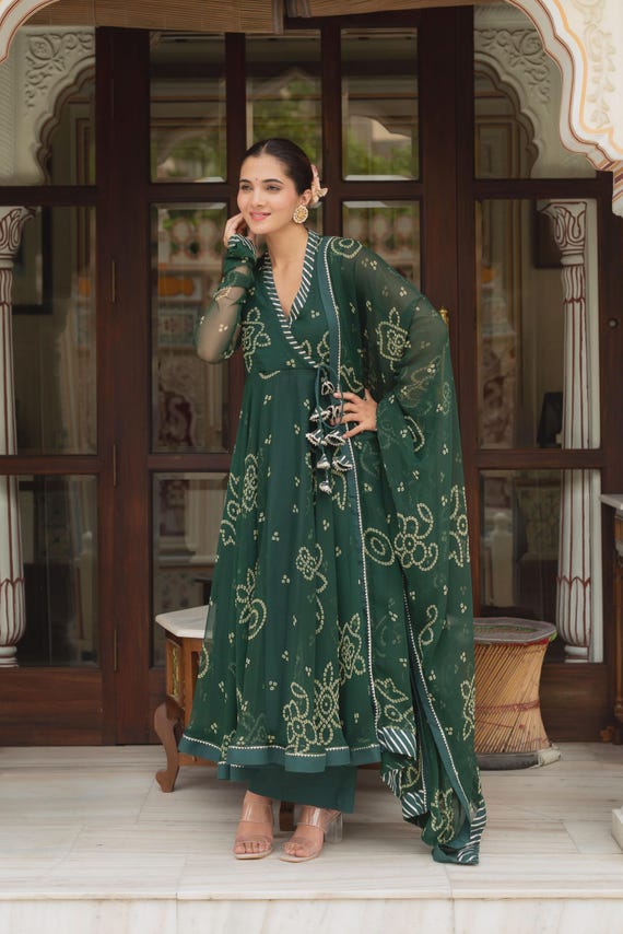 Bottle Green Bandhej Angrakha Set with Dupatta | Georgette Anarkali Kurta Set | Traditional Indian Dress | Ethnic Festive Outfit for Women Bottle Green Bandhej Angrakha Set with Dupatta | Georgette Anarkali Kurta Set | Traditional Indian Dress | Ethnic Festive Outfit for Women