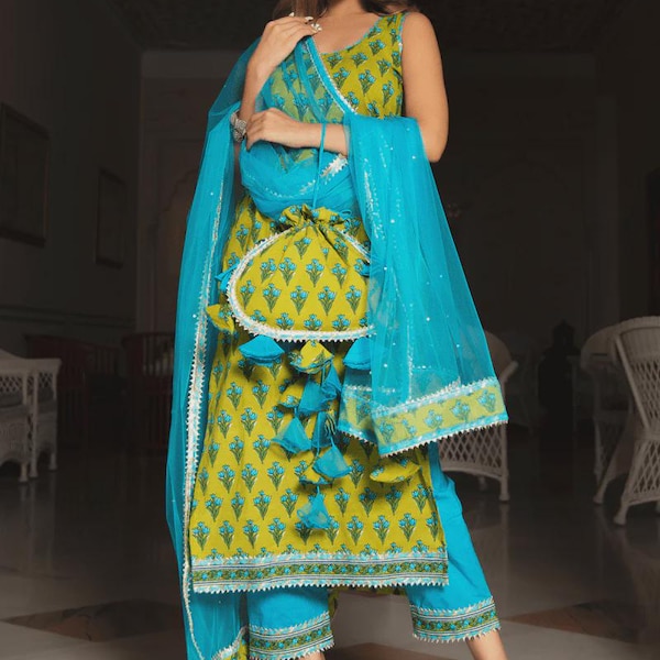Conjunto de kurta de algodón azul con estampado a mano y dupatta de organza – Ropa étnica india para festivales | Conjunto de salwar para mujer hecho a mano | Idea de regalo