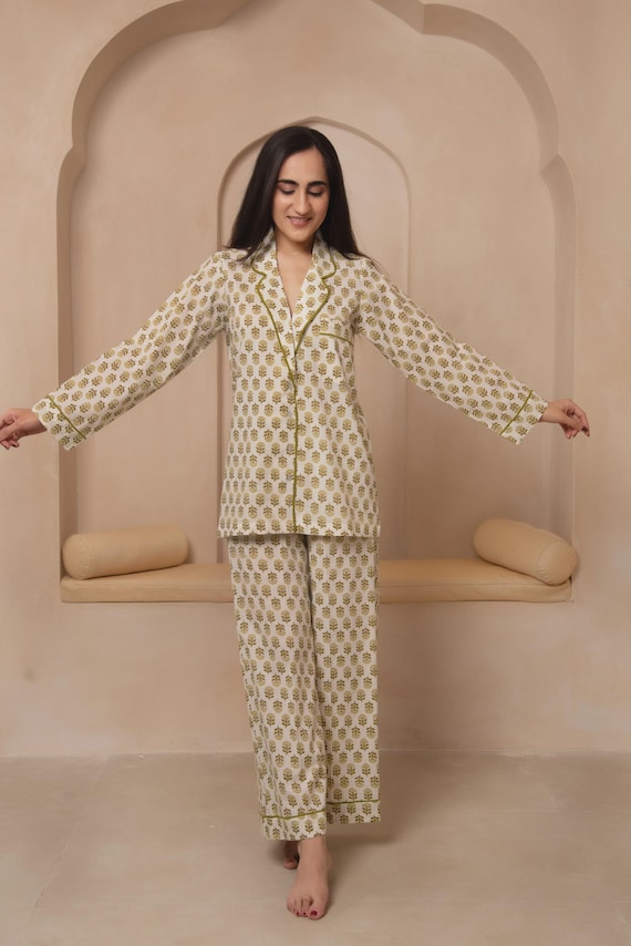 Green Block Print Cotton Night Suit Set | Handmade Pajama Set | Indian Sleepwear | Women's Loungewear | Soft Summer Nightwear | Gift for Her