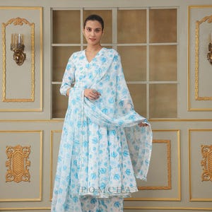 Blue Floral Cotton Anarkali Set with Dupatta | Lightweight Summer Kurta Set | Hand Block Print Indian Suit | Ethnic Anarkali Dress |Gift Idea