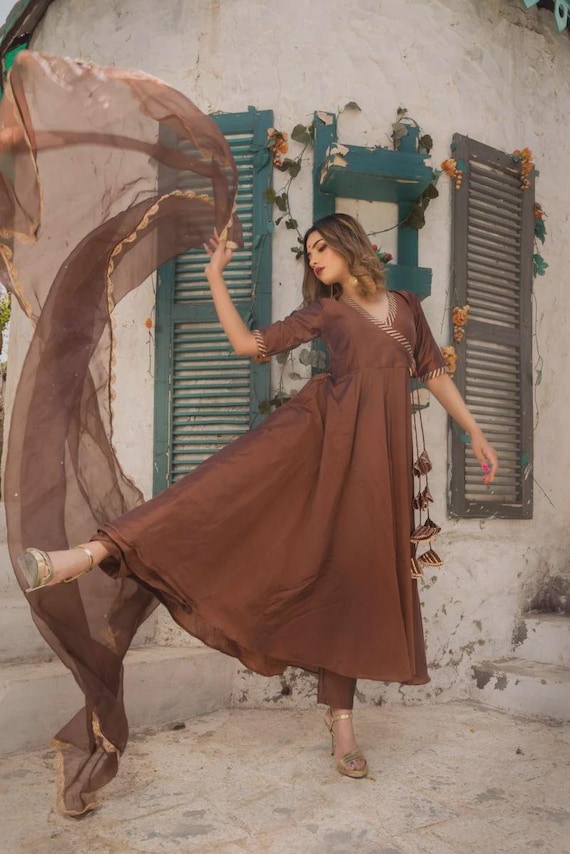 Brown Cotton Silk Angrakha Set with Organza Dupatta | Indian Ethnic Suit | Traditional Kurta Palazzo Set | Festive Outfit |Boho Gift For Her