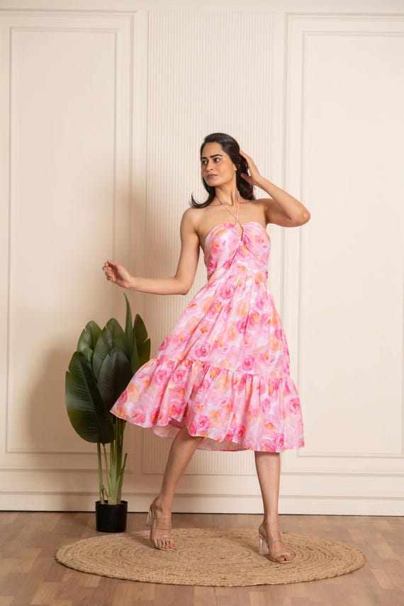 mini pink flowy dress Rosy Crepe Summer Tiered | Women's Dress | Party Dress | Fashionable Dress | Western Dress | Elegant Dress | Midi Dress Gina tricot