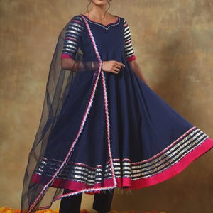 Navy Blue Cotton Anarkali Set with Net Dupatta |Floral Printed Kurti Set |Handmade Indian Ethnic Wear | Festive Anarkali Dress |Gift For Her