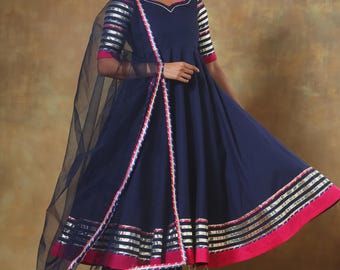 Navy Blue Cotton Anarkali Set with Net Dupatta |Floral Printed Kurti Set |Handmade Indian Ethnic Wear | Festive Anarkali Dress |Gift For Her
