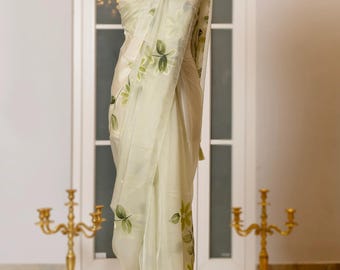 Raag Pistachio Printed Petals Organza Saree with Unstitch Blouse Piece |Wedding Sari | Party Wear Saree | Traditional Indian Ethnic Wear