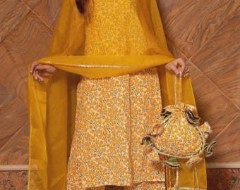 Mustard Yellow Cotton Suit Set with Organza Dupatta | Floral Printed Kurta Palazzo Set | Ethnic Indian Wear for Women |Festive & Boho Outfit