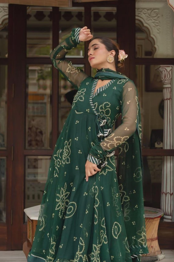 Bottle Green Bandhej Angrakha Set with Dupatta | Georgette Anarkali Kurta Set | Traditional Indian Dress | Ethnic Festive Outfit for Women Bottle Green Bandhej Angrakha Set with Dupatta | Georgette Anarkali Kurta Set | Traditional Indian Dress | Ethnic Festive Outfit for Women