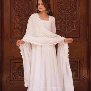 india white dress - Oyster, AU/UK 4 The yoke of the outfit is embellished with a harmonious blend of Golden Matte Zari and Tikki work Buy Bunai Women's Pure White