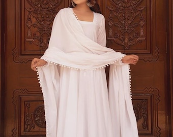White Cotton Anarkali Set Full Sleeve Lace Dress with Dupatta | Indian Ethnic Wear | Summer Festive Outfit | Cotton Suit | Boho Gift For her