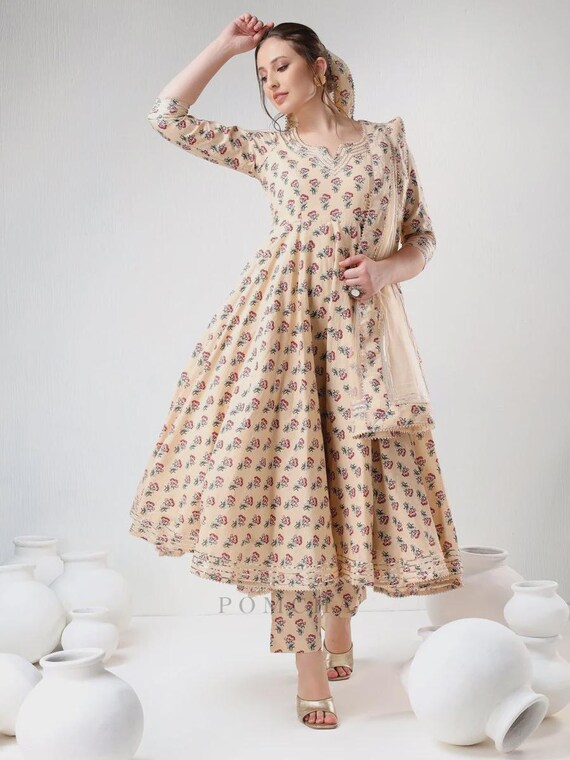 white christmas dresses Turquoise Floral Printed Cotton Anarkali (LW-9225-Blue)
