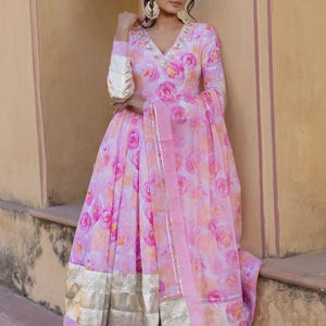 Floral Muslin Anarkali Set with Zari Border |Ethnic Outfit with Dupatta |Festive Anarkali |Rose Print Anarkali Suit |Wedding Guest Dress