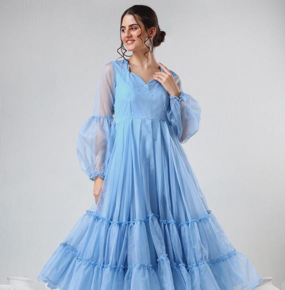 birthday dress modest Powder Blue Organza Flowy Maxi Dress, Sheer Formal Evening Dress, Dress, Party Wear Boho Ethereal Dress, Gift for Her Color Ivory Our clothing sizes are sheer dress for women P1121 preppydress Size:US 14