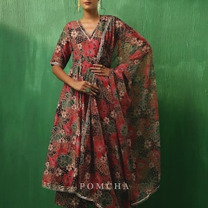 Black Muslin Anarkali Set with Tropical Print | Floral Indian Ethnic Dress with Dupatta | Boho Wedding Guest Outfit | Anarkali Kurti Set