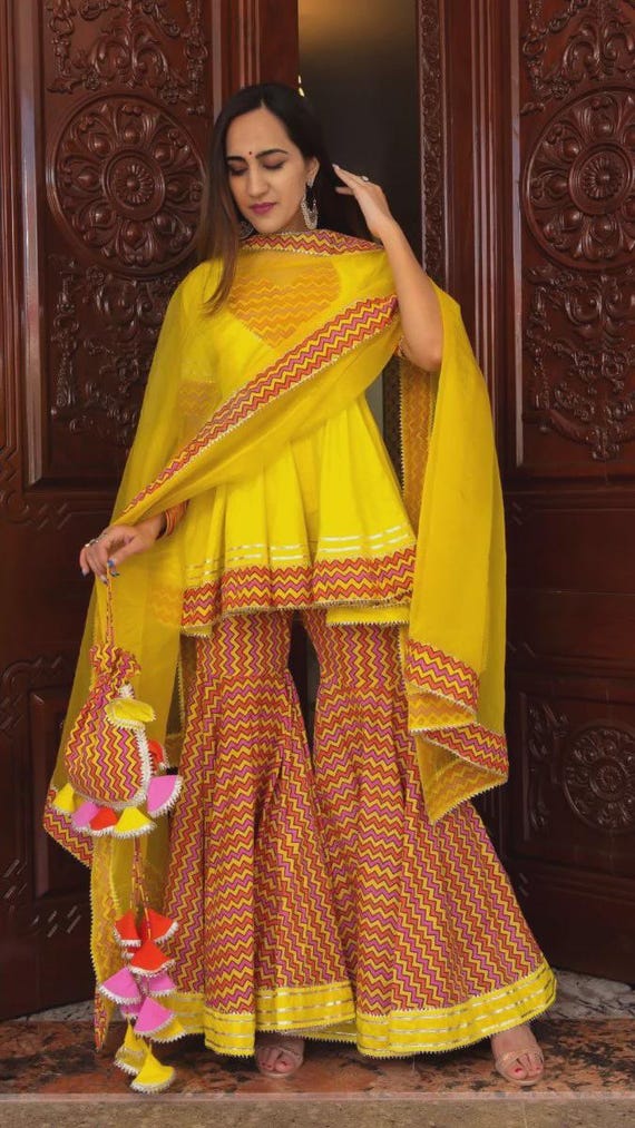 white christmas dresses Floral Printed Haldi Yellow Trendy Sharara Style Suit main image 0