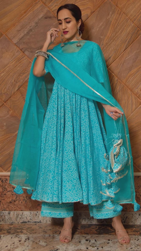 Traditional Bandhej Blue Cotton Anarkali Suit Set Indian Kurta Set Ethnic Cotton Kurta Palazzo Set Festive Summer Boho Outfit Gift For Her