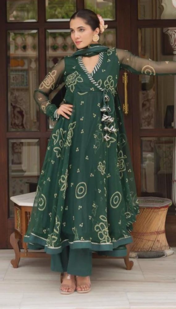 Bottle Green Bandhej Angrakha Set with Dupatta, Georgette Anarkali Kurta Set, Anarkali Suit Set Anniversary Gift For Her