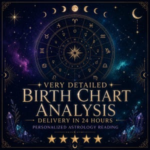 May include: A dark blue graphic featuring a golden astrological birth chart with zodiac symbols and planetary icons. Text reads: VERY DETAILED BIRTH CHART ANALYSIS, DELIVERY IN 24 HOURS, PERSONALIZED ASTROLOGY READING. Five gold stars appear at the bottom.