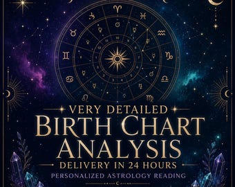 May include: A dark blue graphic featuring a golden astrological birth chart wheel, surrounded by stars and crystals. The text reads: VERY DETAILED BIRTH CHART ANALYSIS, DELIVERY IN 24 HOURS, PERSONALIZED ASTROLOGY READING, with five golden stars below.
