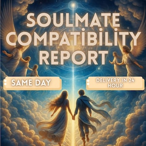 Puede incluir: Imagen digital con el texto "SOULMATE COMPATIBILITY REPORT". La obra presenta figuras angelicales, una pareja tomados de la mano y las frases "SAME DAY" y "DELIVERY IN 24 HOUR" en pancartas. El fondo es una escena celestial.