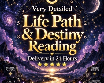 Puede incluir: Un gráfico digital con una esfera de reloj brillante y el texto Very Detailed Life Path & Destiny Reading y Delivery in 24 Hours. Debajo del texto, un camino dorado atraviesa montañas púrpuras bajo un cielo estrellado con cinco estrellas.