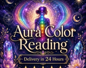 May include: A digital graphic featuring the text Very Detailed, Aura Color Reading, and Delivery in 24 Hours. The image displays a silhouette of a person surrounded by a vibrant rainbow-colored aura, flanked by glowing crystals and lotus flowers.