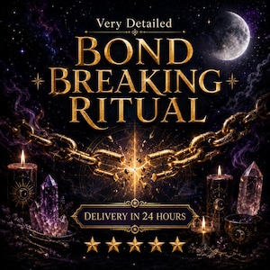 Könnte beinhalten: Eine digitale Grafik mit dem Text Very Detailed BOND BREAKING RITUAL und DELIVERY IN 24 HOURS. Das Bild zeigt eine goldene Kette, die in der Mitte zerbricht, umgeben von violettem Rauch, brennenden Kerzen mit Mondsymbolen und Kristallen.