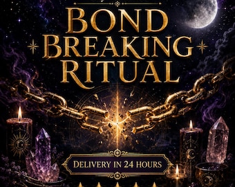 May include: A digital graphic featuring the text Very Detailed BOND BREAKING RITUAL and DELIVERY IN 24 HOURS. The image displays a golden chain breaking in the centre, surrounded by purple smoke, glowing candles with moon symbols, and crystals.