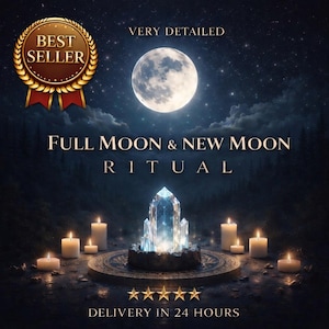 May include: A digital graphic featuring a bright full moon in a dark night sky above a central clear crystal cluster surrounded by eight lit white pillar candles on a circular base, with text reading VERY DETAILED, FULL MOON & NEW MOON RITUAL.