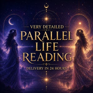 May include: A digital graphic featuring two figures in long gowns standing on opposite sides, with the text VERY DETAILED PARALLEL LIFE READING and DELIVERY IN 24 HOURS in gold lettering against a dark, celestial background with moons and stars.