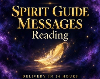 May include: A digital graphic featuring the gold text VERY DETAILED SPIRIT GUIDE MESSAGES Reading against a dark purple nebula background. A glowing gold feather is centered below the text, with DELIVERY IN 24 HOURS and five gold stars below.