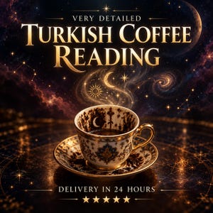 Puede incluir: Una taza de café de cerámica blanca con plato, borde dorado y patrones azules y dorados, que contiene posos de café. El texto dice VERY DETAILED TURKISH COFFEE READING y DELIVERY IN 24 HOURS sobre un fondo celestial oscuro.