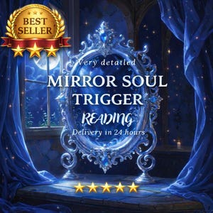 May include: A detailed, silver-toned mirror with blue gemstone embellishments is the central element. The text on the mirror reads "MIRROR SOUL TRIGGER READING." A "Best Seller" emblem and five gold stars are also visible.