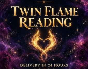以下が含まれることがあります： 暗い紫と黒の星雲の背景に、金色の文字で「VERY DETAILED」「TWIN FLAME READING」「DELIVERY IN 24 HOURS」と書かれたデジタル画像。中央には、5つの金色の星の上に輝く金色のハート型の炎のアイコンが配置されています。