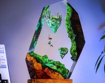 Lámpara de resina de Zelda: luz nocturna de madera y epoxi hecha a mano, decoración de escritorio para videojuegos, regalo único hecho a mano, decoración de Zelda inspirada en Tears of the Kingdom.