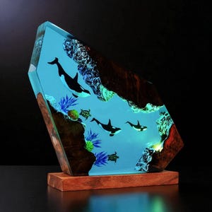 Sea Turtle & Kraken Epoxy Resin Lamp: Handmade Wood Underwater Night Light
