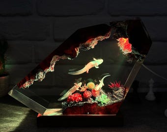 Axolotl-harslamp: handgemaakt houten epoxy-nachtlampje, oceaanthema