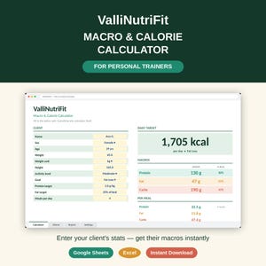 Könnte beinhalten: Eine digitale ValliNutriFit Macro & Calorie Calculator Benutzeroberfläche für Personal Trainer. Der Bildschirm zeigt Kundendatenfelder, ein Tagesziel von 1.705 kcal sowie eine Aufschlüsselung von Protein, Fett und Kohlenhydraten in Gramm und Prozent.
