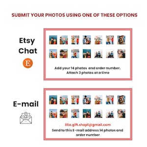 Op de afbeelding: Afbeelding met instructies voor het indienen van foto's. Het bovenste gedeelte zegt "Etsy Chat" met een oranje "E"-pictogram en instructies om 14 foto's en een bestelnummer toe te voegen. Het onderste gedeelte zegt "E-mail" met een e-mailpictogram en een e-mailadres.