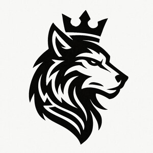 May include: A black and white illustration of a wolf's head in profile, wearing a crown. The wolf has a stern expression, and the design features sharp lines and a stylized aesthetic. The background is plain white.