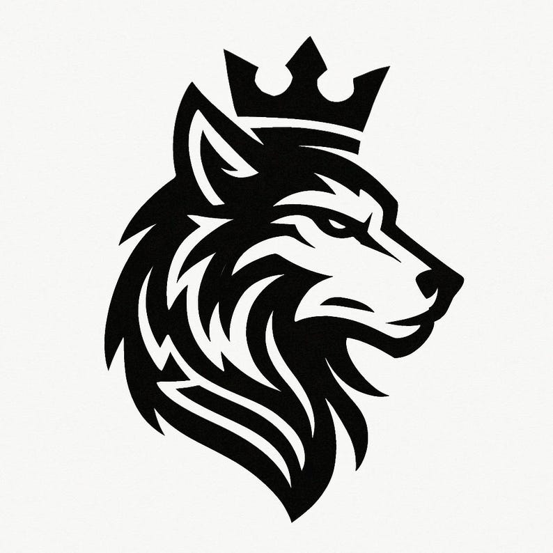 May include: A black and white illustration of a wolf's head in profile, wearing a crown. The wolf has a stern expression, and the design features sharp lines and a stylized aesthetic. The crown sits atop the wolf's head.