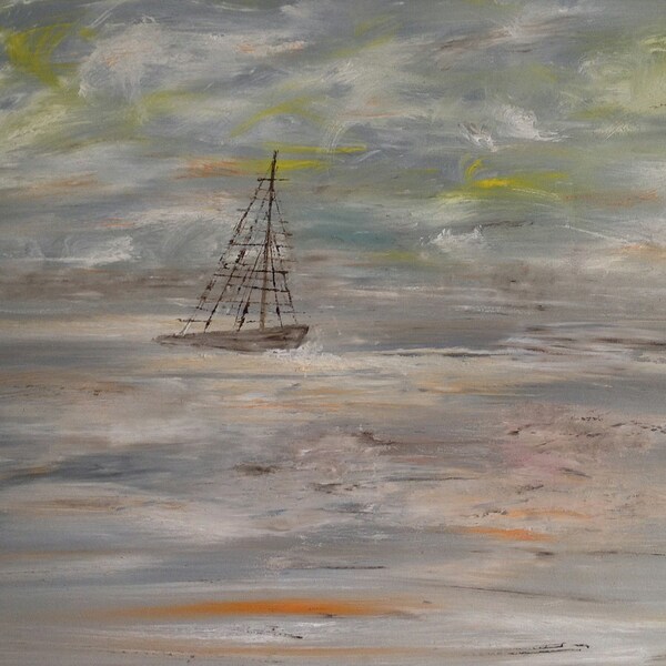 Marine art, Oil Painting, Large wall art ,  Ship oil painting ,Original sea, Painting  Grey Impressionist art  FREE SHIPPING