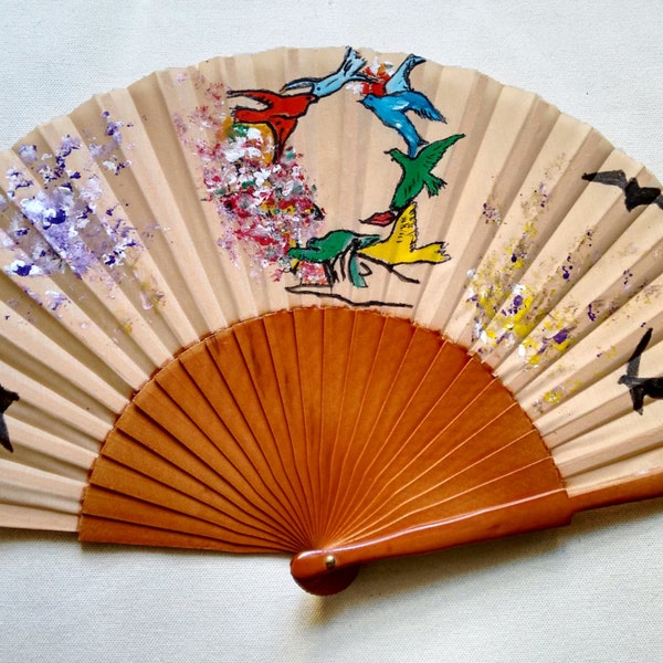 Andy Warhol-Fan with birds-Spanish Fan-Hand painted-Unique Valentines Fan-Wedding fan-Folding fan-Fashion accessories-Exclusive Gift for her